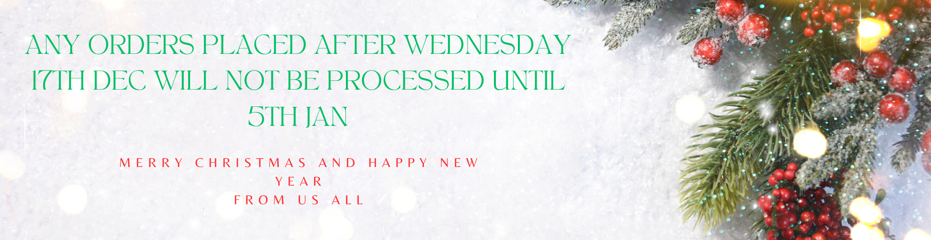 Any orders placed after Wednesday 17th December will not be processed until 5th Jan